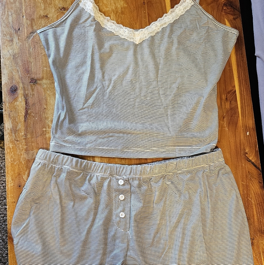 Striped Lace-Trim Cami & Short Sleep Set - White/dark Gray